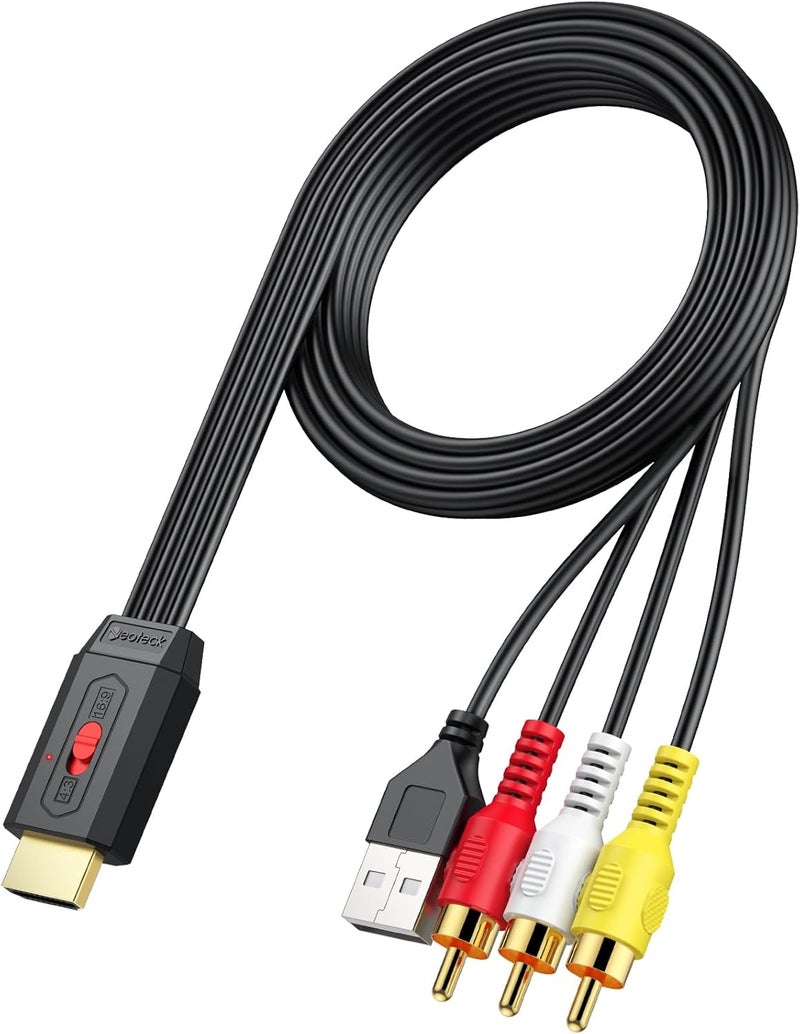Neoteck محول RCA إلى HDMI بطول 150 سم/5 أقدام كابل AV إلى HDMI يدعم تحويل 16:9/4:3 كابل AV مدمج لأفلام قديمة أو مقاطع فيديو حية توصيل وتشغيل مستخدم على نطاق واسع في مشغل DVD VCR - إدخال RCA ذكر - Image 1